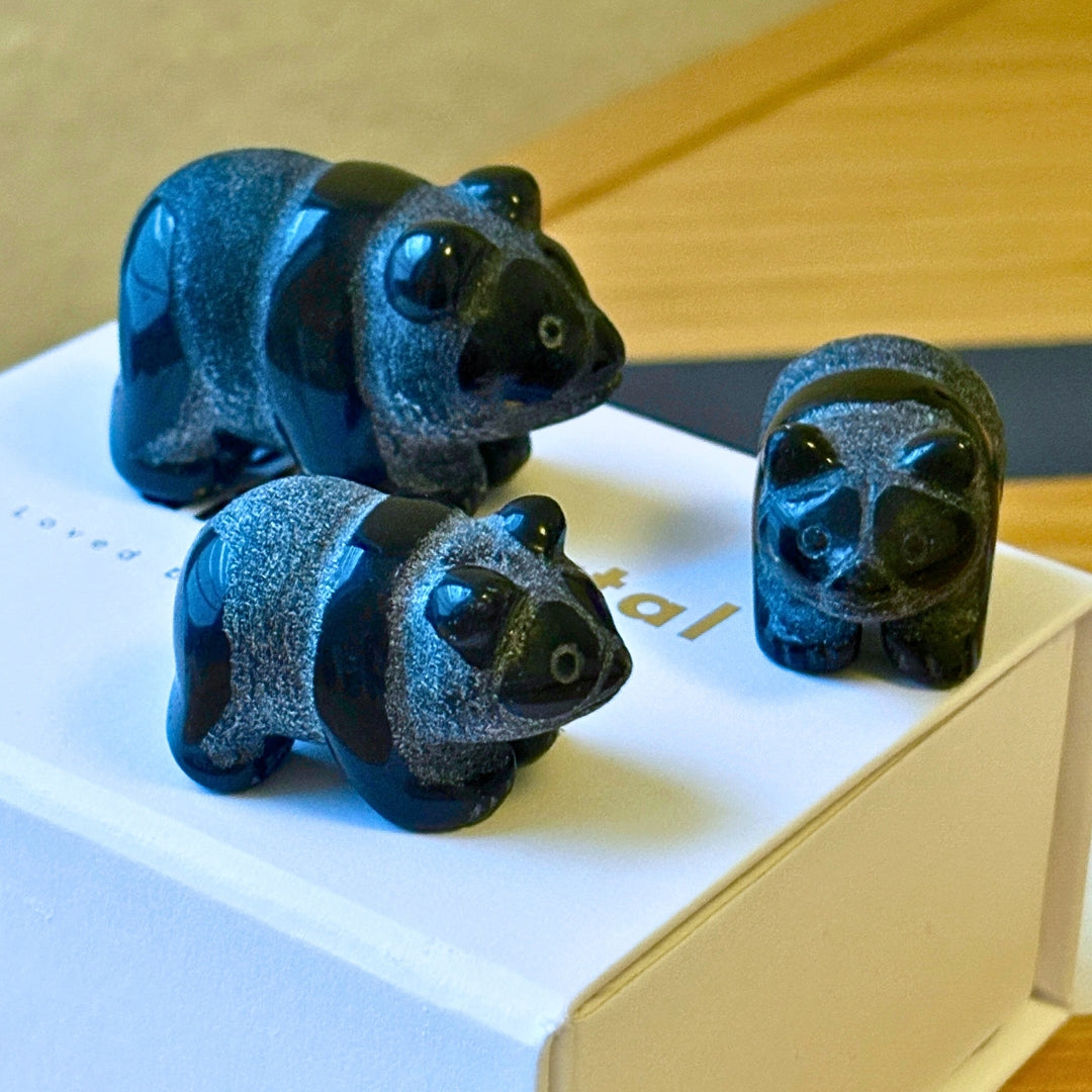 Turmalino meškučiai – natūralus kristalas, rankų darbo figūrėlės