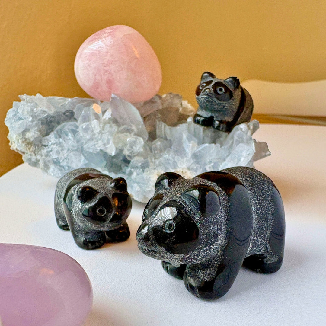 Turmalino meškučiai – natūralus kristalas, rankų darbo figūrėlės