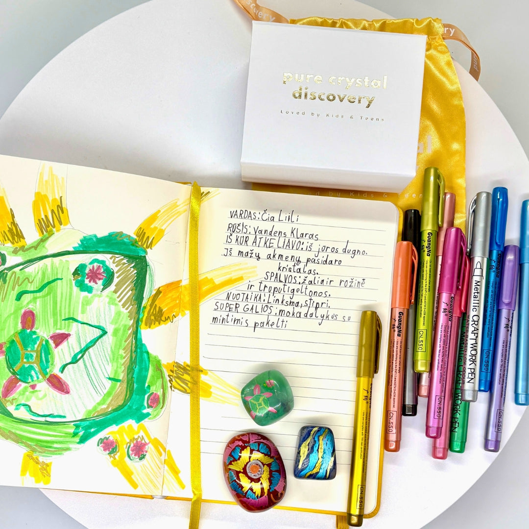 „Kristalų Kūrėjas“ – kūrybinis/edukacinis rinkinys vaikams (3 kristalai + flomasteriai + knygelė)
